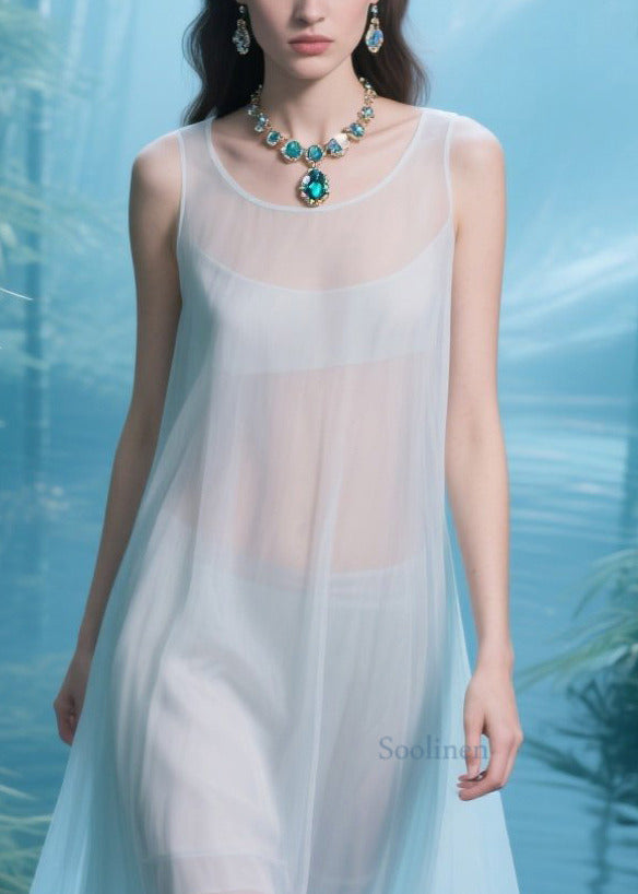 Boho Light Blue Oversized Patchwork Tulle Sheer Dresses Summer