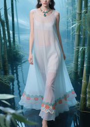 Boho Light Blue Oversized Patchwork Tulle Sheer Dresses Summer