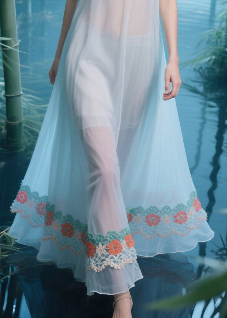 Boho Light Blue Oversized Patchwork Tulle Sheer Dresses Summer