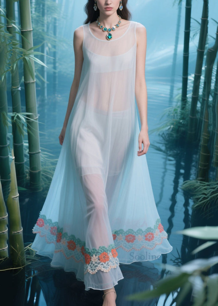 Boho Light Blue Oversized Patchwork Tulle Sheer Dresses Summer