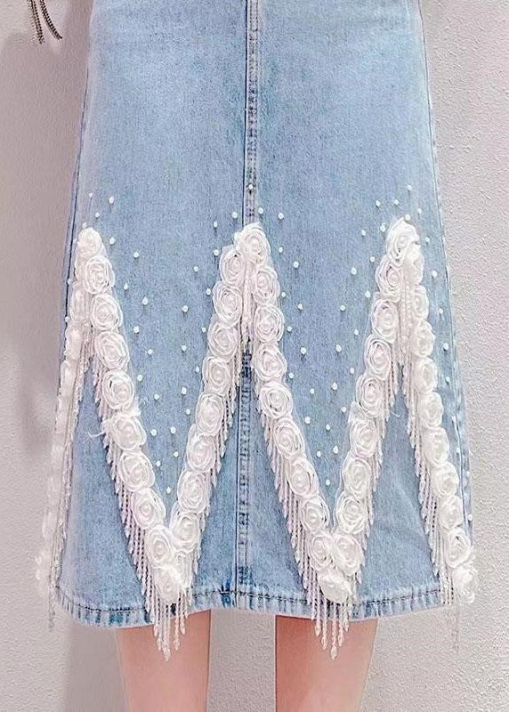 Boho Light Blue Tassel Patchwork High Waist Deninm Skirt Summer
