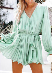 Boho Light Green V Neck Wrinkled Solid Mid Dresses Fall