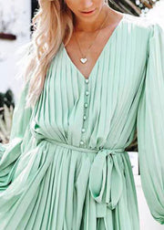 Boho Light Green V Neck Wrinkled Solid Mid Dresses Fall