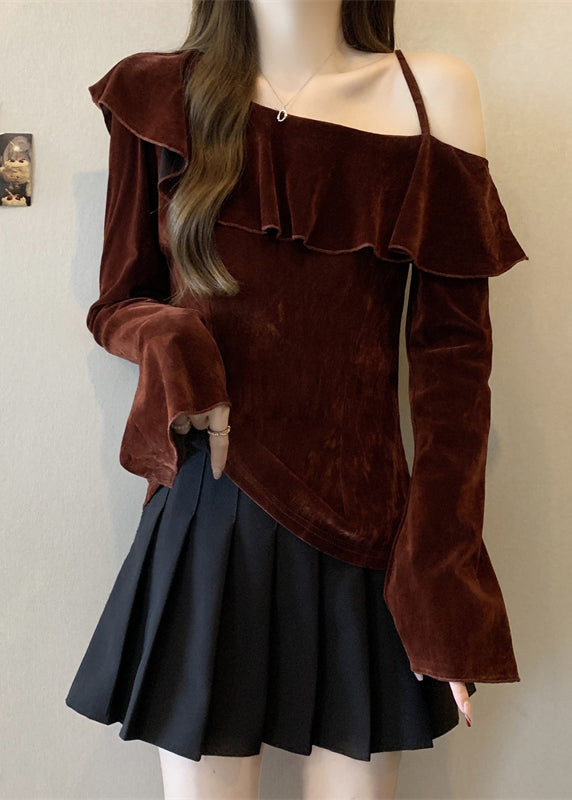 Boho Mulberry One Shoulder Ruffles Silk Velour Top Fall