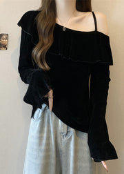 Boho Mulberry One Shoulder Ruffles Silk Velour Top Fall