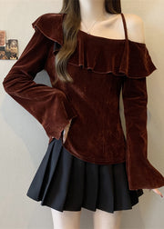 Boho Mulberry One Shoulder Ruffles Silk Velour Top Fall