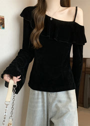 Boho Mulberry One Shoulder Ruffles Silk Velour Top Fall