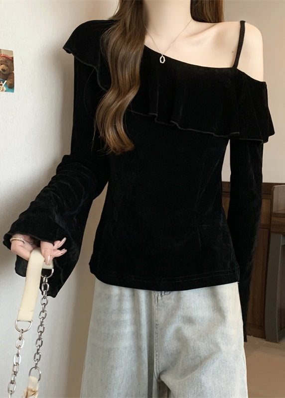 Boho Mulberry One Shoulder Ruffles Silk Velour Top Fall