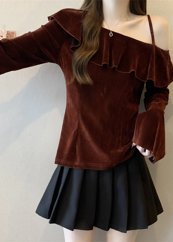 Boho Mulberry One Shoulder Ruffles Silk Velour Top Fall