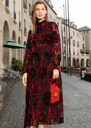 Boho Mulberry Ruffled Patchwork Silk Velour Vacation Long Dresses Fall