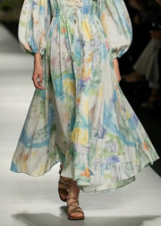 Boho Multicolour Print Exra Large Hem Cotton Dress Puff Sleeve