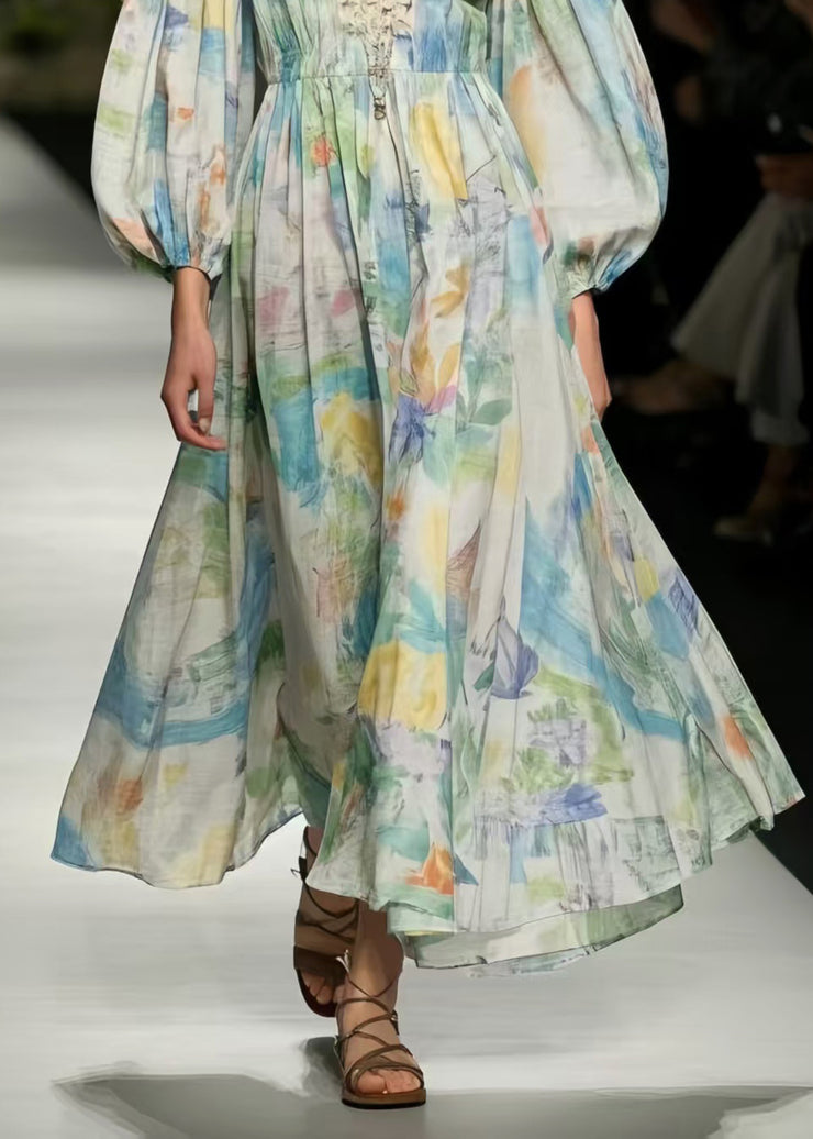 Boho Multicolour Print Exra Large Hem Cotton Dress Puff Sleeve
