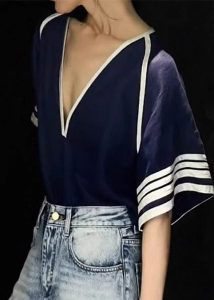 Boho Navy Deep-V Neck Striped Cotton Tanks Summer