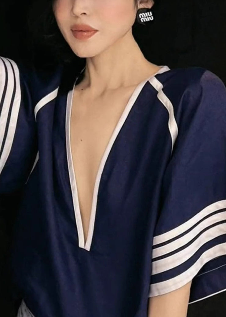 Boho Navy Deep-V Neck Striped Cotton Tanks Summer