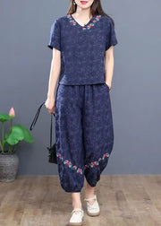 Boho Navy Embroidered Cotton Two Pieces Set Summer