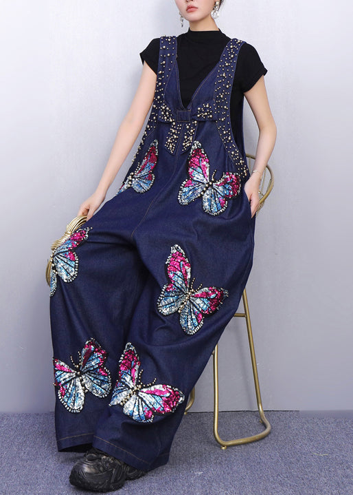Boho Navy Oversized Butterfly Sequins Denim Jumpsuits Spring