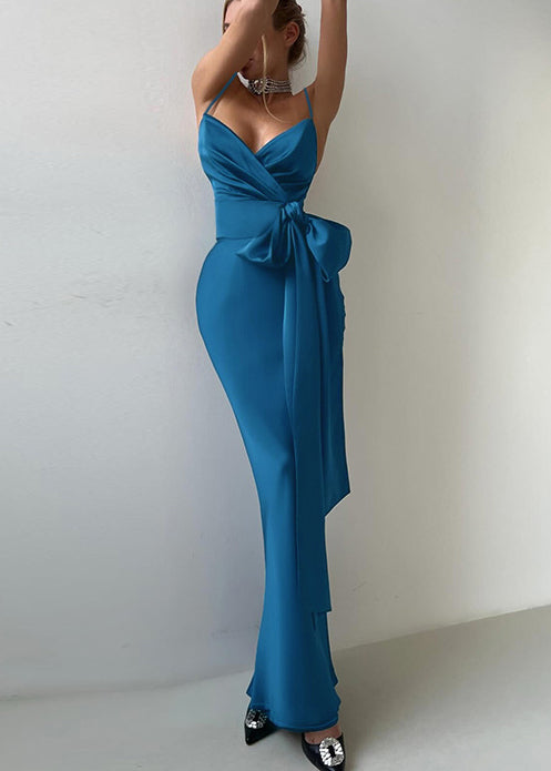 Boho Navy Wraped Bow Silk Vestidos Dress Summer