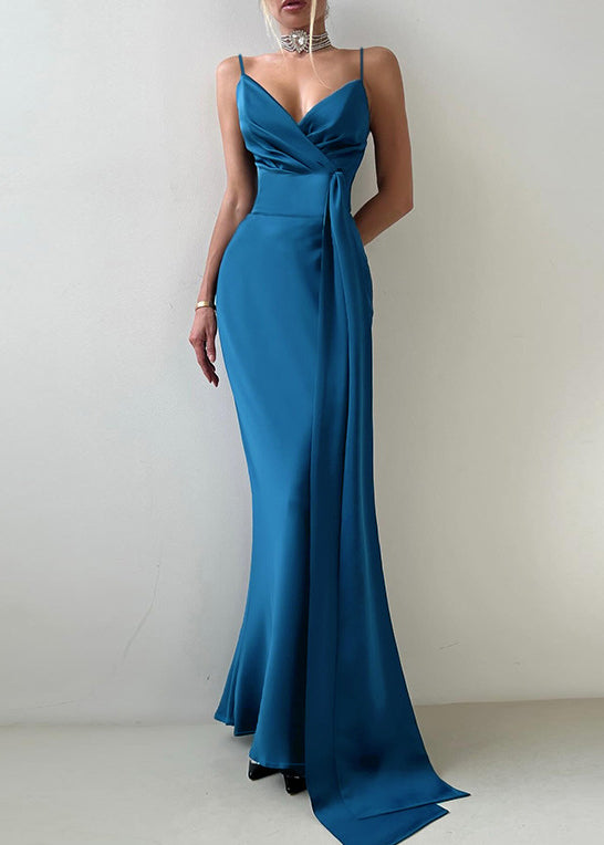 Boho Navy Wraped Bow Silk Vestidos Dress Summer