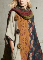 Boho Oversized Patchwork Fuzzy Ball Decorated Dress Half Sleeve
