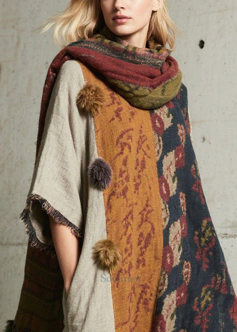 Boho Oversized Patchwork Fuzzy Ball Decorated Dress Half Sleeve