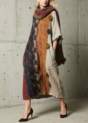 Boho Oversized Patchwork Fuzzy Ball Decorated Dress Half Sleeve