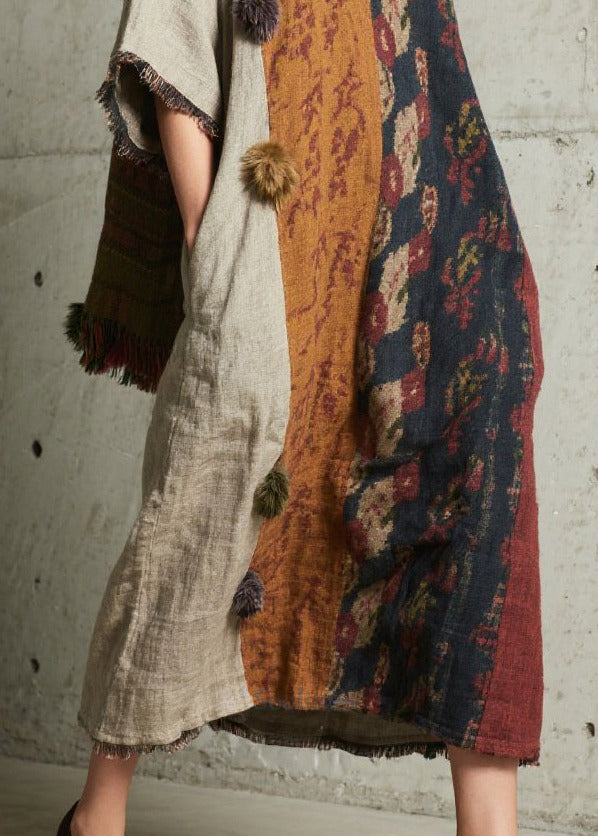 Boho Oversized Patchwork Fuzzy Ball Decorated Dress Half Sleeve