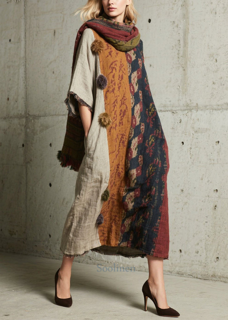 Boho Oversized Patchwork Fuzzy Ball Decorated Dress Half Sleeve