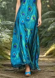 Boho Peacock Blue Print Draping Silk Spaghetti Strap Dress Summer