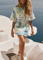 Boho Peter Pan Collar Print Lace Up Cotton Two Piece Set Summer