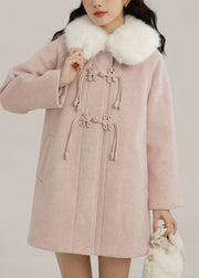 Boho Pink Fur Collar Chinese Button Woolen Coats Winter
