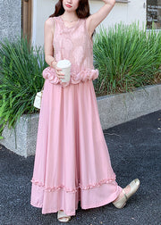 Boho Pink Jacquard Three-dimensional Flower Women Sets 2 Pieces Sleeveless