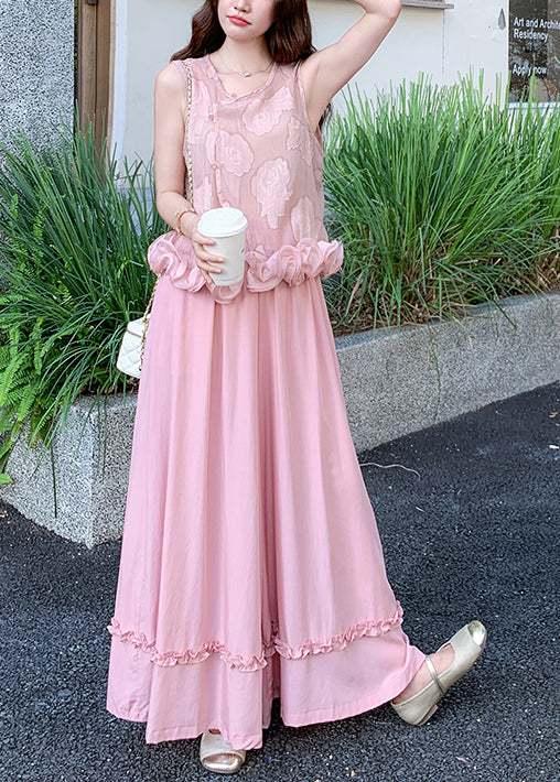 Boho Pink Jacquard Three-dimensional Flower Women Sets 2 Pieces Sleeveless