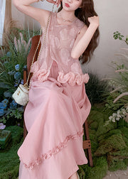 Boho Pink Jacquard Three-dimensional Flower Women Sets 2 Pieces Sleeveless