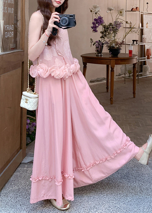 Boho Pink Jacquard Three-dimensional Flower Women Sets 2 Pieces Sleeveless