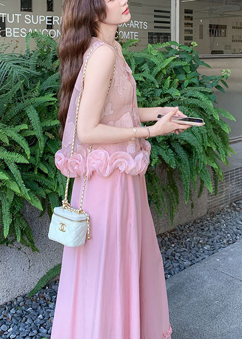 Boho Pink Jacquard Three-dimensional Flower Women Sets 2 Pieces Sleeveless