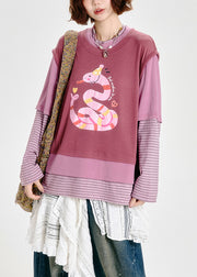 Boho Pink Oversized Patchwork Print Cotton Fake Two Piece Sweatshirts Top Spring