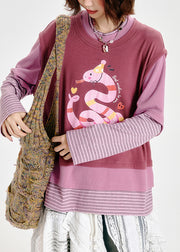 Boho Pink Oversized Patchwork Print Cotton Fake Two Piece Sweatshirts Top Spring