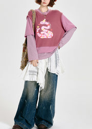 Boho Pink Oversized Patchwork Print Cotton Fake Two Piece Sweatshirts Top Spring