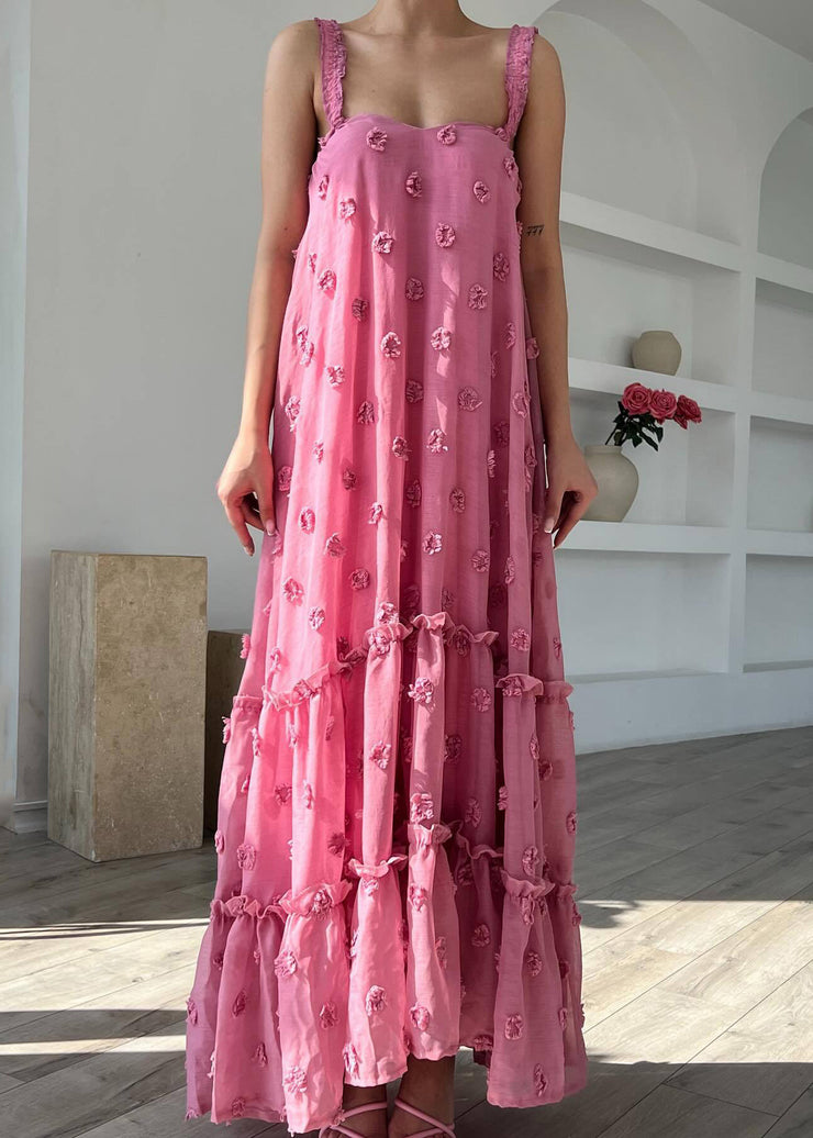 Boho Pink Ruffled Floral Cotton Spaghetti Strap Dress Sleeveless