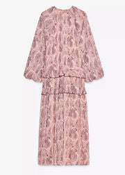 Boho Pink V Neck Print Ruffled Chiffon Dresses Fall