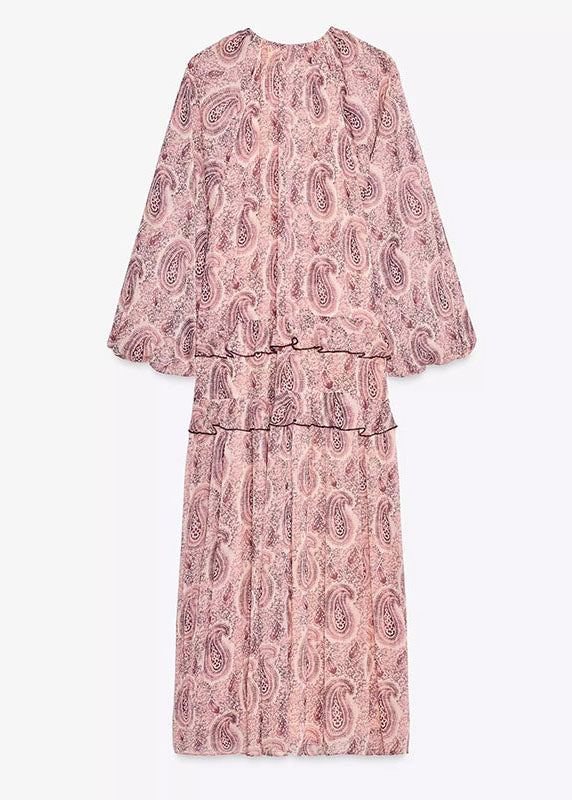 Boho Pink V Neck Print Ruffled Chiffon Dresses Fall
