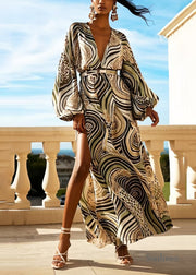 Boho Print Side Open Silk Cinched Dress Lantern Sleeve