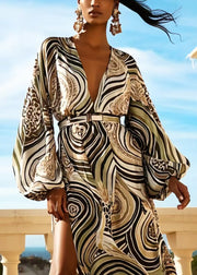 Boho Print Side Open Silk Cinched Dress Lantern Sleeve