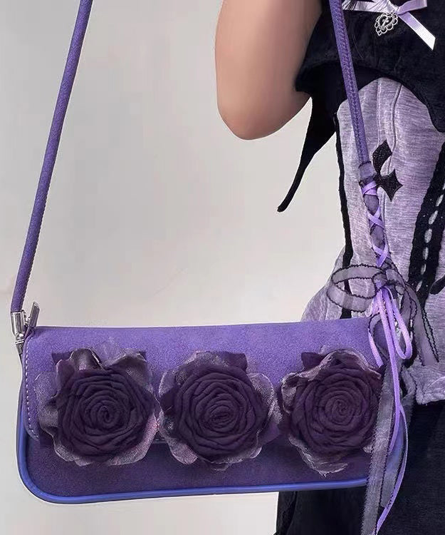 Boho Purple Flower Decorated Durable Faux Leather Shoulder Bags