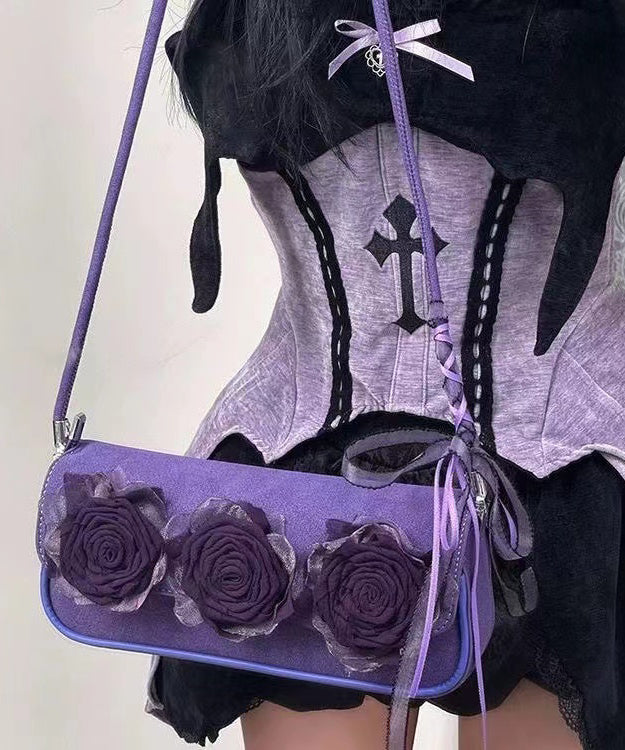 Boho Purple Flower Decorated Durable Faux Leather Shoulder Bags