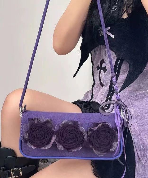 Boho Purple Flower Decorated Durable Faux Leather Shoulder Bags