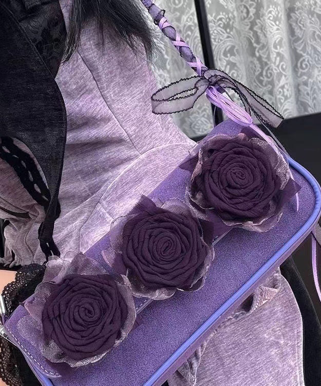 Boho Purple Flower Decorated Durable Faux Leather Shoulder Bags