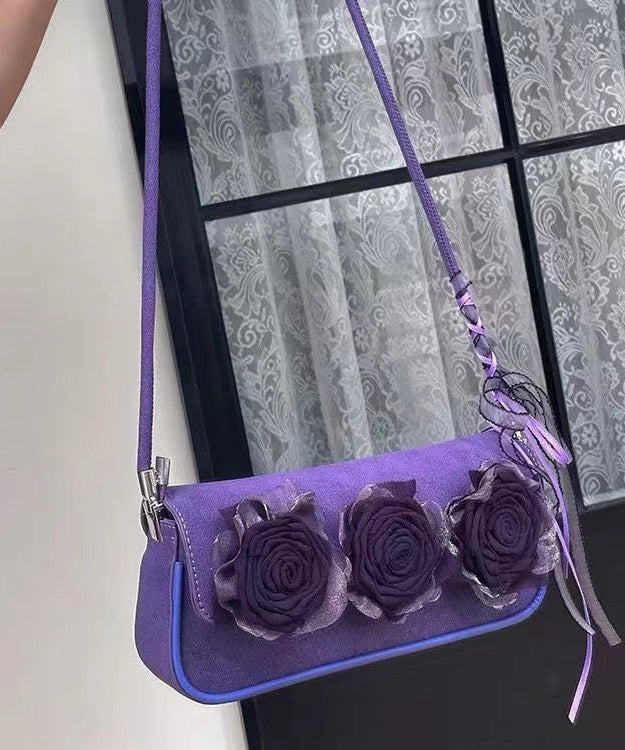 Boho Purple Flower Decorated Durable Faux Leather Shoulder Bags