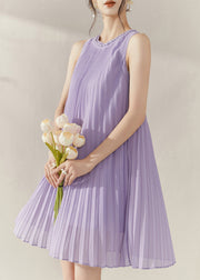 Boho Purple O-Neck Wrinkled Chiffon Mid Dress Summer