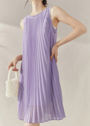 Boho Purple O-Neck Wrinkled Chiffon Mid Dress Summer